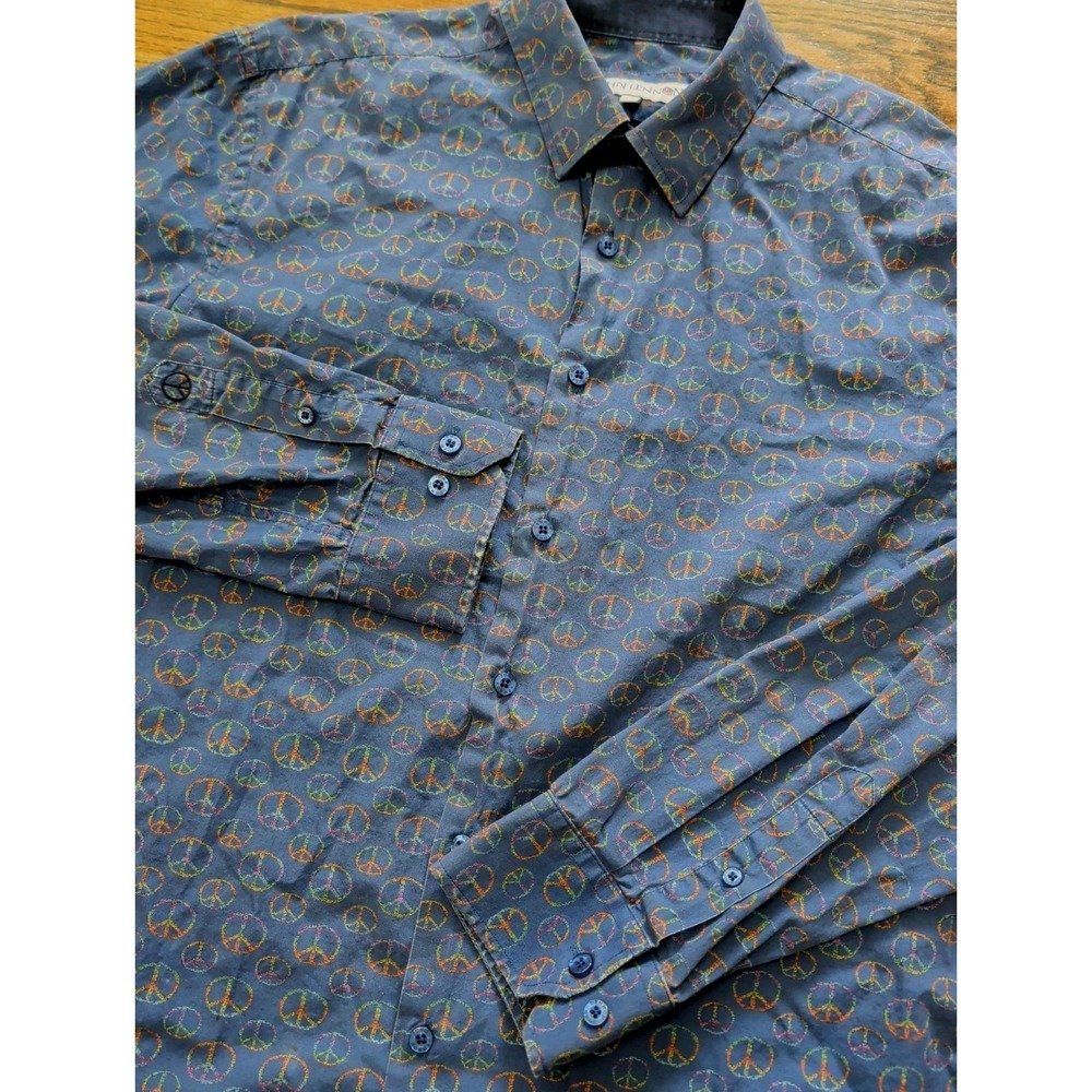 John Lennon Peace Sign Long Sleeve Button Down Shirt Blue Men's Size XL Hippie